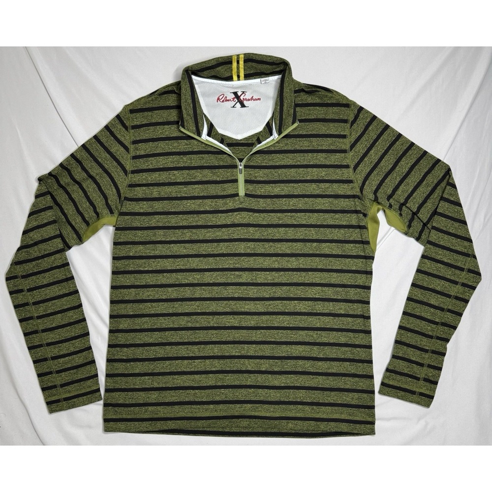 Robert Graham Long Sleeve Quarter Zip Pullover Green‎ Striped Mens Large Stretch